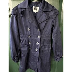 Kut from the Kloth Navy Trench Coat Sz M Ruffle Shoulder Double Breasted Chic